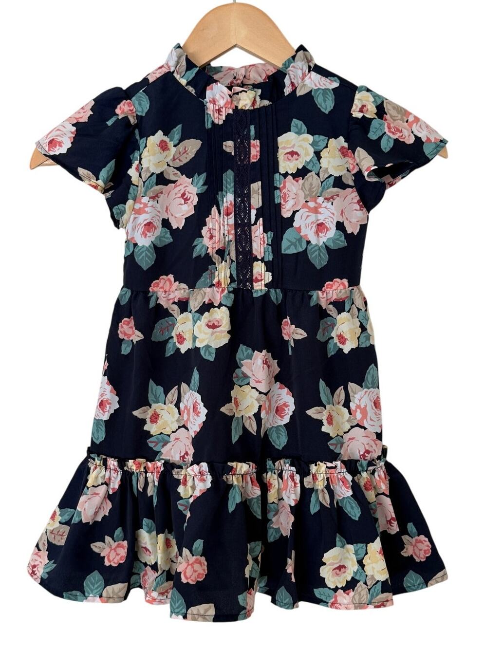 Janie and Jack Girls Floral Dress Navy Pink Ruffle Hem Cottagecore Spring Size 4